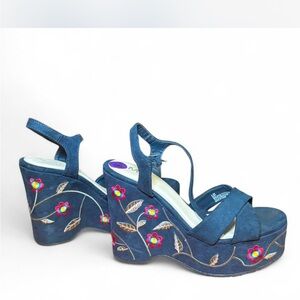 Embroidered Blue Wedge Sandals
